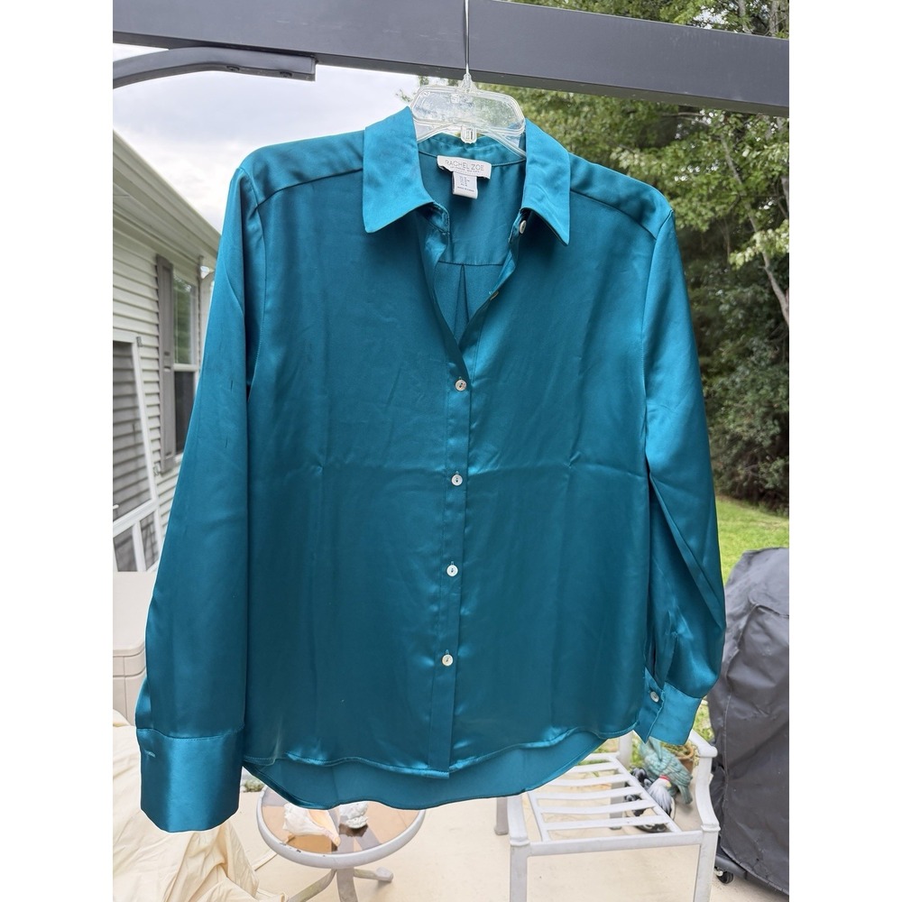 Rachel Zoe Womens M Teal Satin Button Down Blouse Long Sleeve Stretch.     5288